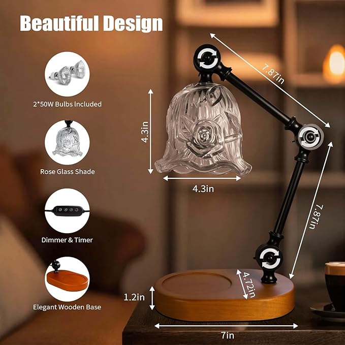 Candle Warmer Lamp, Dimmable Wax Melting Warmer with Adjustable Height, Bedroom Living Room Home Decor, Birthday Relaxation Gifts for Women (Transparent, Flower)
