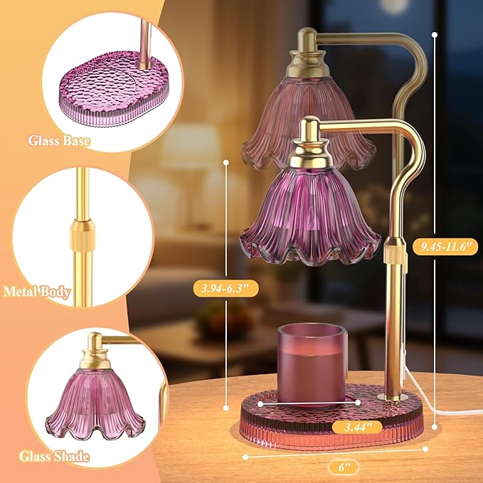 Candle Warmer Lamp with Adjustable Height - Flameless 4-Level Dimmable Wax Warmer, Timer Function & Stylish Design in Multiple Colors(Pink)