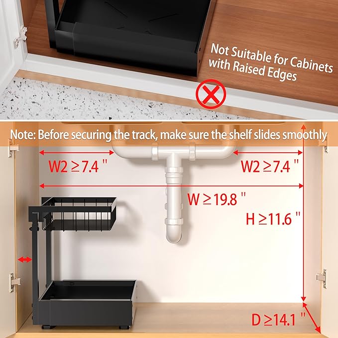 CAWIU 2-Pack Expandable Under Sink Organizers and Storage, 2-Tier Adjustable Pull-Out Cabinet Organizers, Slide-Out Shelves with Width (9.9"-15.7") & Height (11.6"-15.6") for Kitchen & Bathroom