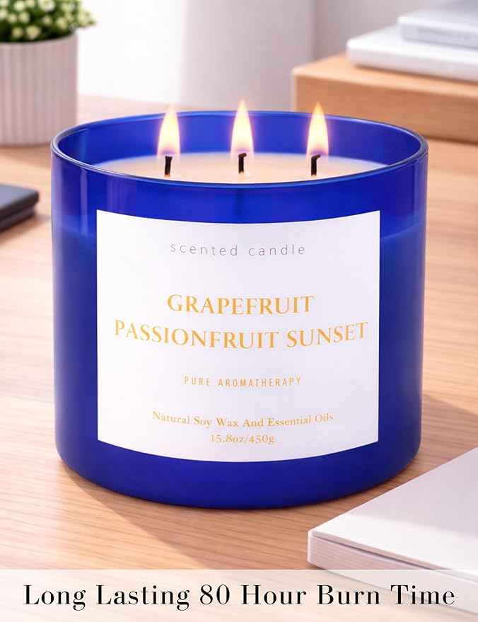 Grapefruit Passionfruit Sunset 3-Wick Soy Candle | Large Aromatherapy Scented Candle for Home 15.8oz | Fresh Tropical Citrus Stress Relief Candle | Clean Burn | Relaxation Gift for Women & Men