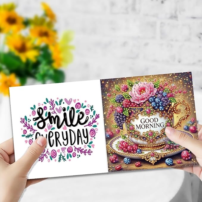 DoxQcs 5D Diamond Art Painting Greeting Cards Kit, DIY Cards for Blessings Congratulations Gifts, Greeting Card Set for Birthday Thanksgiving Day Christmas Halloween-Morning Tea