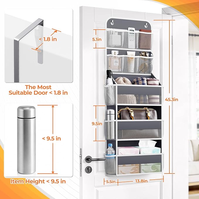 SpaceHacks 5-Tier Over The Door Organizer with Mesh Pockets, Baby Nursery Storage for Closet, Bathroom and Bedroom, Adjustable Hanging Closet Organizer for Cosmetics, Books and Essentials (Dark Grey)