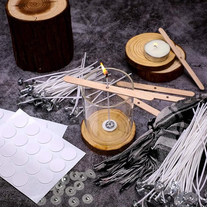 Bulk Cotton Candle Wick 8" Pre-Waxed 80 Pcs with 60Pcs Candle Wick Stickers, 5Pcs Candle Wick Centering Device and 20PCS Metal Tabs for Candle Making (80pcs 20cm Wick kit)