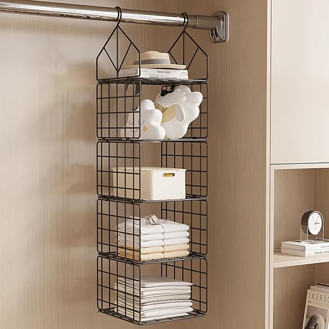 Hanging Closet Organizer, Carbon Steel 5-Shelf Hanging Storage, Collapsible Hanging Shelves, Versatile Storage for Clothes, Handbags (Black)