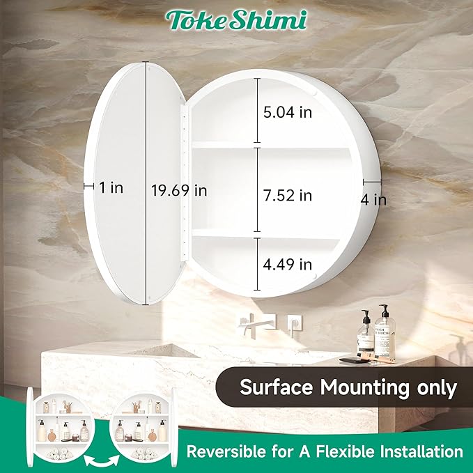TokeShimi 20 Inch Round White Framed Medicine Cabinet for Bathroom with Vanity Mirror Small Metal Bathroom Mirrored Cabinet for Wall Mounted Only Circle Farmhouse Medicine Cabinet Detachable Shelves