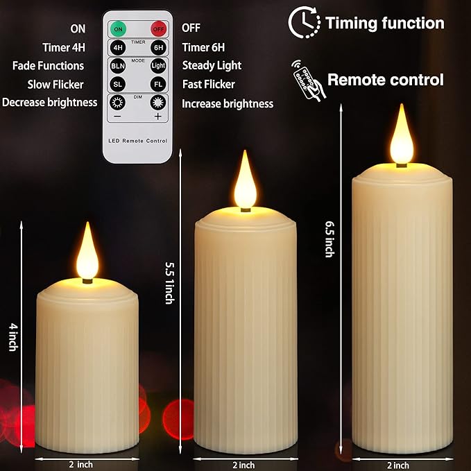 yunsheng Rechargeable Flameless Candles with Remote Timer, in/Outdoor Waterproof LED Flickering Pillar Candles Set of 6 (D2 x H4/5.5/6.5"), Battery Operated Candles Ivory Plastic Roman Column Candles