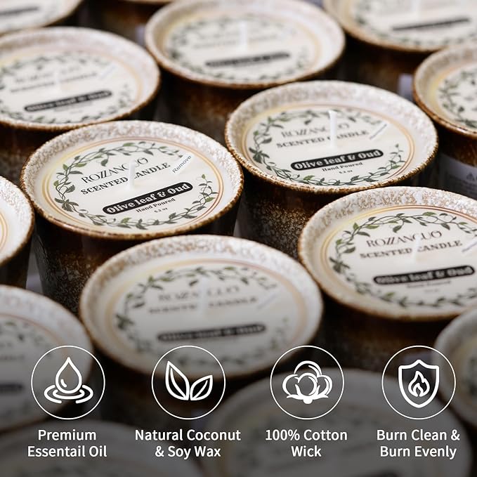 Luxury Textured Ceramic Jar Scented Candle | Non Toxic 100% Natural Coconut & Soy Wax Blend Cotton Wick | 5.2oz | Hand Poured Highly Scented Long - Lasting | Women & Men | (Olive Leaf & Oud)