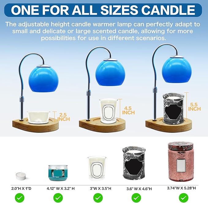 Candle Warmer Lamp with Timer 2H/4H/8H, Adjustable Height Dimmable Candle Lamp with 2 Bulbs, Wax Melt Warmer for Jar Candles, House Warming, Home Decor, Christmas Gifts for Women, Mom(Ocean)