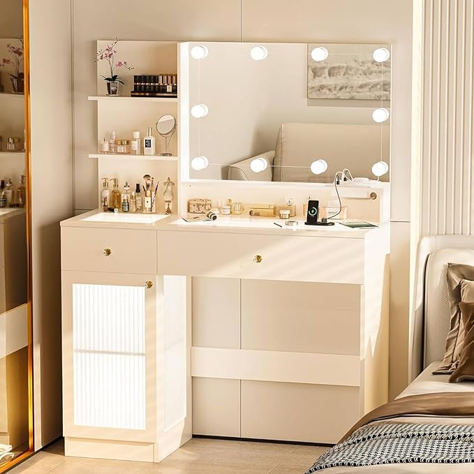 Vanity Desk with Mirror and Lights, Modern Glass Top Makeup Vanity Set with Power Outlet, Drawers and Cabinet, 3 Lighting Color Adjustable Dressing Table for Bedroom