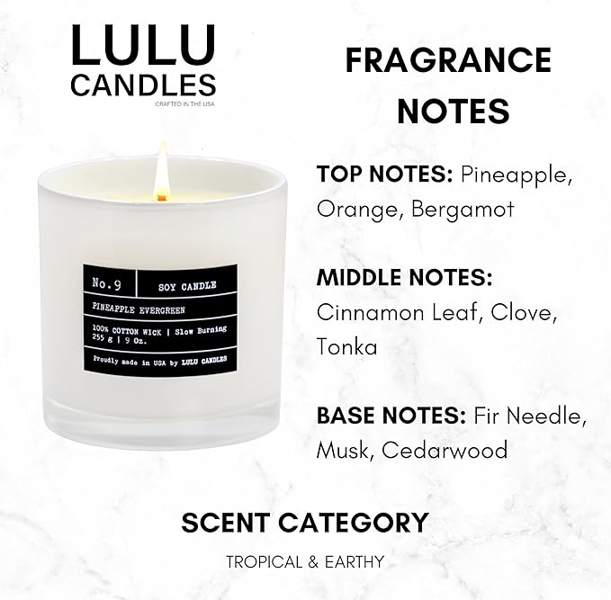 Lulu Candles | Pineapple Evergreen | Luxury Scented Soy Jar Candle | Hand Poured in The USA | Highly Scented & Long Lasting (9 Oz. 2 Pack)