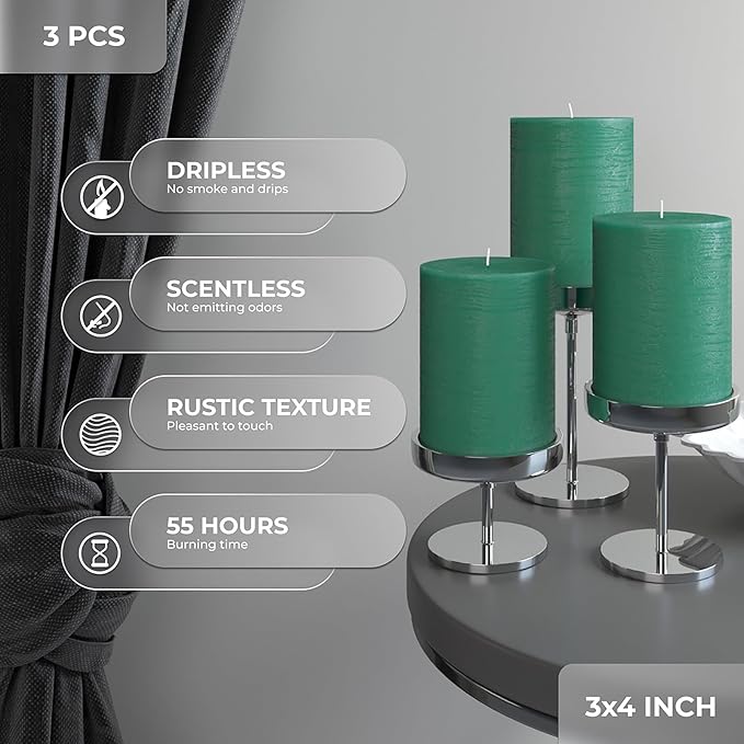 CANDWAX 3x4 Inch Green Pillar Candles Set of 3 - Unscented Dripless Rustic Green Candles for Special Occasions, Weddings, Home Décor, Christmas Decorations
