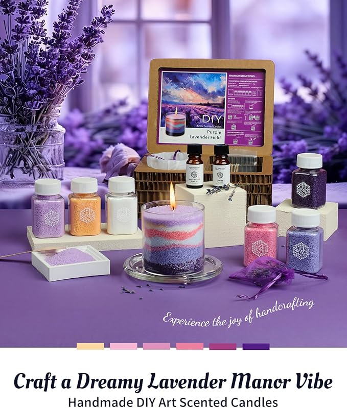 Lavender Field DIY Pearled Candle Sand Set -11 Oz Sand Wax Beads (6 Colors), 2x10ml Scented Essential Oils, 4 Reusable Wicks, Glass Cup & Spoon, Home Decor & Handmade Gift & Craft Enthusiasts
