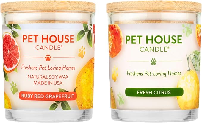 One Fur All Pet House Candle 2 Pack - Plant-Based/Soy - Clean Burning Scented, Long Lasting Pet Odor Candle for Home - Ruby Red Grape Fruit, Fresh Citrus