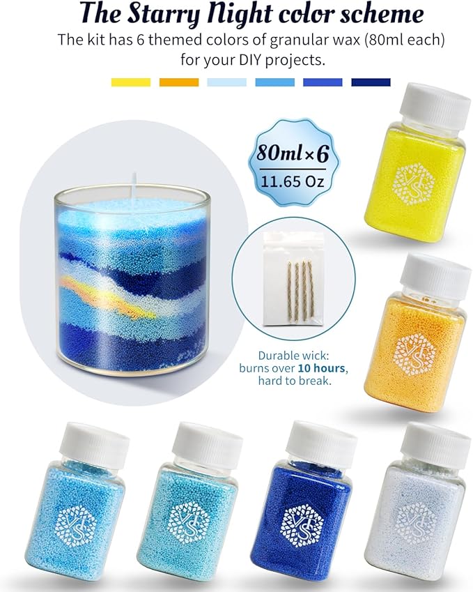 The Starry Night DIY Pearled Candle Sand Set - 11 Oz Sand Wax Beads (6 Colors), 2x10ml Scented Essential Oils, 4 Reusable Wicks, Glass Cup & Spoon, Home Decor & Handmade Gift & Craft Enthusiasts