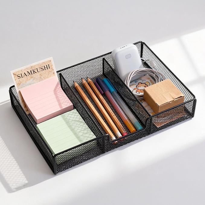 Desk Drawer Organizer Tray, Office Junk Drawer Organizer with 3 Compartments, Metal Mesh Dividers Pen Pencil Storage Box for Office Supplies Desk Accessories Workspace School Cosmetic Organization