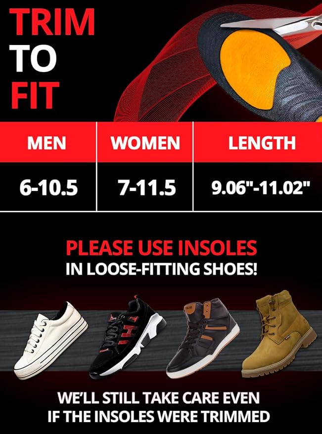 CRUVHEAL Work Comfort Orthotic Insoles - Anti Fatigue Shoe Insert Men Women - Low Arch Support - Shock Absorption - Foot Pain Relief - Work Boot Insoles (S-M, Fire)