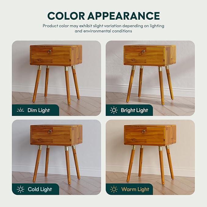 Bme Alden Solid Wood Nightstand/Side Table/End Table, Fully Assembled, with 1-Drawer for Mid Century Bedroom and Living Room, (12mm), Caramel