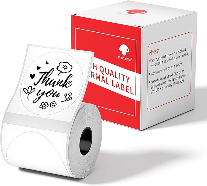 Phomemo M110 Round Labels 50X50mm(1.96" x 1.96") for Phomemo M110/M220/M221/M100/M120 Label Printer, Circle Labels Multipurpose Self-Adhesive Thermal Paper for Logo Thank Your Sticker, Black on White
