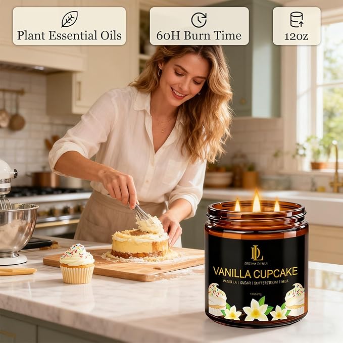 Vanilla Cupcake Scented Candle, 12oz 60 Hour Long Lasting Candles, Large 3 Wick Natural Soy Candles for Home Scented, Candle Gifts for Women Men