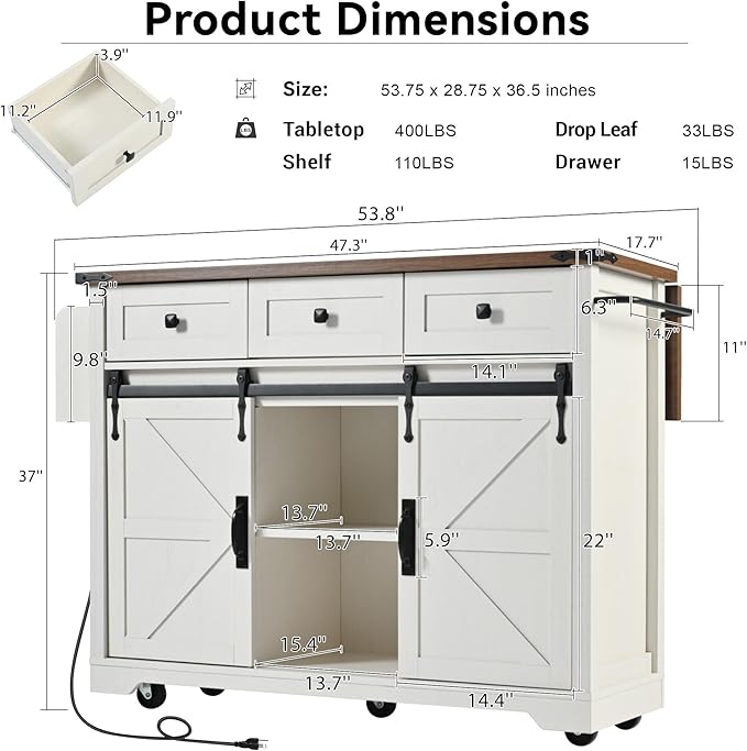 Amposei Farmhouse Kitchen Island on Wheels with Drop Leaf & Power Outlet, 53.7-Inch Rolling Storage Island Cart with Drawers, Sliding Barn Door Cabinets, Spice Rack (Retro White)