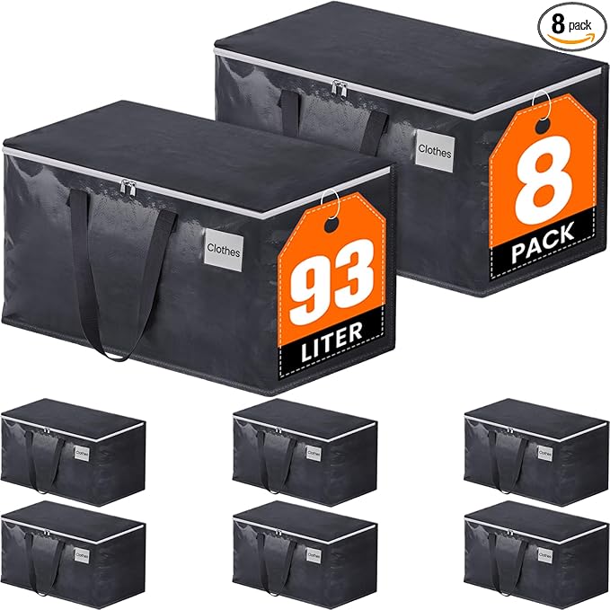 Fabspace Moving Boxes Heavy Duty Moving Bags with Strong Zippers and Handles Collapsible Moving Supplies, Storage Totes for Packing & Moving Storing 93L,8-Pack