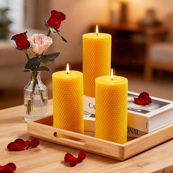 Beeswax Pillar Candles, 3x6 Inch -Set of 3 Hand-Rolled Honeycomb Candle - Long Burning 270+ Hours, Dripless Smokeless Unscented Handmade Beeswax for Home Decor, Prayer, Wedding,SPA