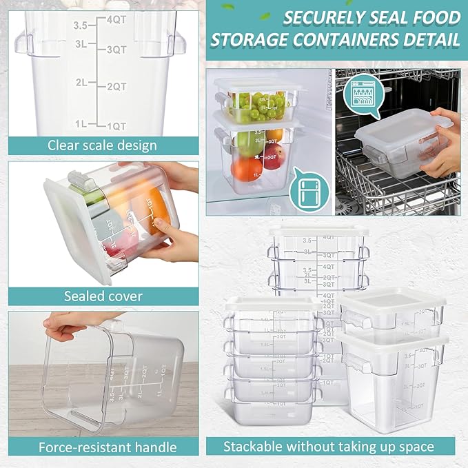 Yungyan 16 Pcs Restaurant Food Storage Containers with Lids Set 2Qt and 4Qt Commercial Restaurant Square Storage Containers Clear Food Cereal Container for Kitchen Freezer (White Lids)