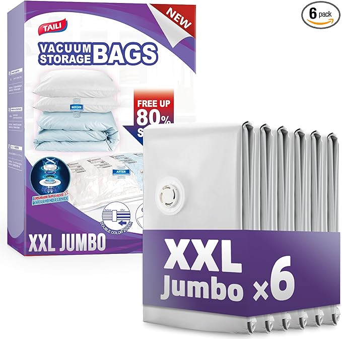 TAILI 6 Pack Vacuum Storage Bags, XXL Jumbo (47x39 Inch), Vacuum Sealed Bags for Comforter and Blankets, Bedding, Clothing, Giant Space Saver Bags for Huge Stuffed Toy