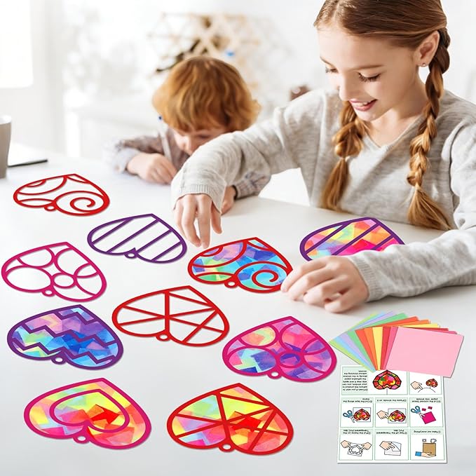 Qyeahkj 36 Set Valentine's Day Suncatchers Craft Kit DIY Heart Window Stained Glass Effect Paper Pink Love Window Tissue Paper Craft School Classroom Home Decor Valentines Art Supplies Kids Favor Gift