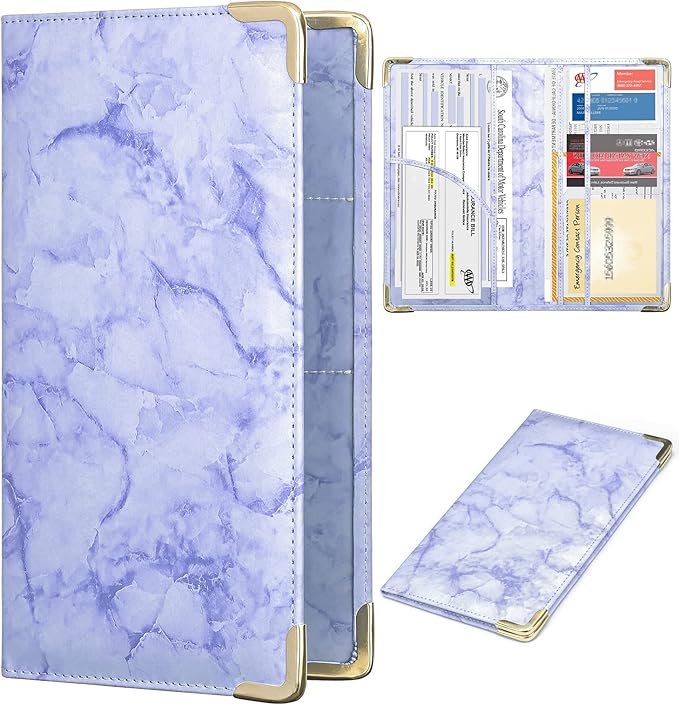 HERRIAT Car Registration and Insurance Card Holder,Marble Leather Vehicle Glove Box Automobile Documents Paperwork Wallet Case Organizer for ID, Key Contact Information Cards,Men&Women