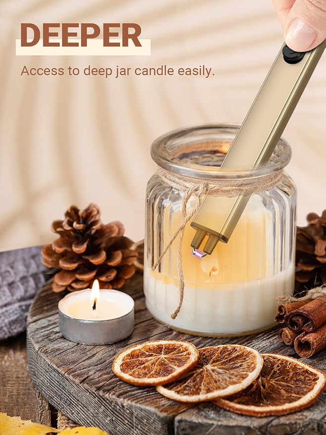 Candle Lighter Stocking Stuffers for Women Men, Electric Candle Lighter USB Rechargeable Graduation Gifts for Him Wife Girlfriend Safety Lock Long Lighters for Grill Kitchen BBQ Camping,Champagne Gold
