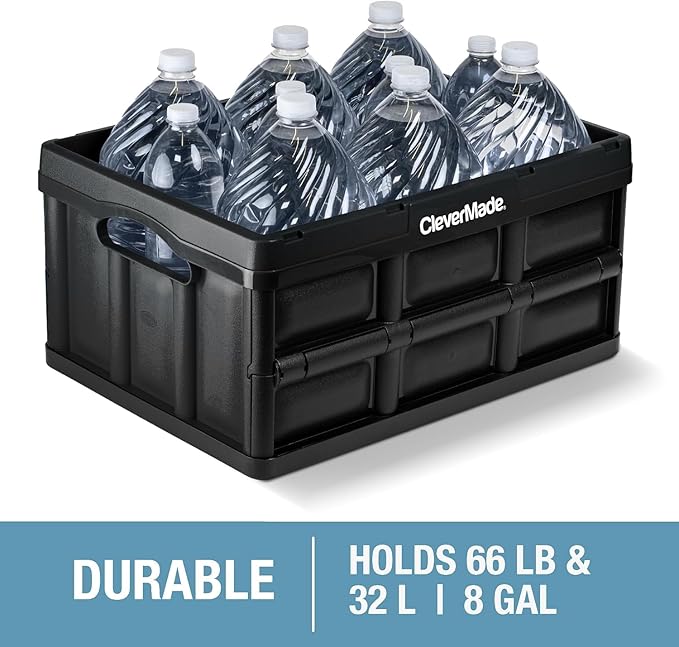 CleverMade Collapsible Storage Bins 32L 3 Pack – Heavy Duty Foldable Storage Bins with Built-In Handles for Garage Storage and Home Organization - Stone