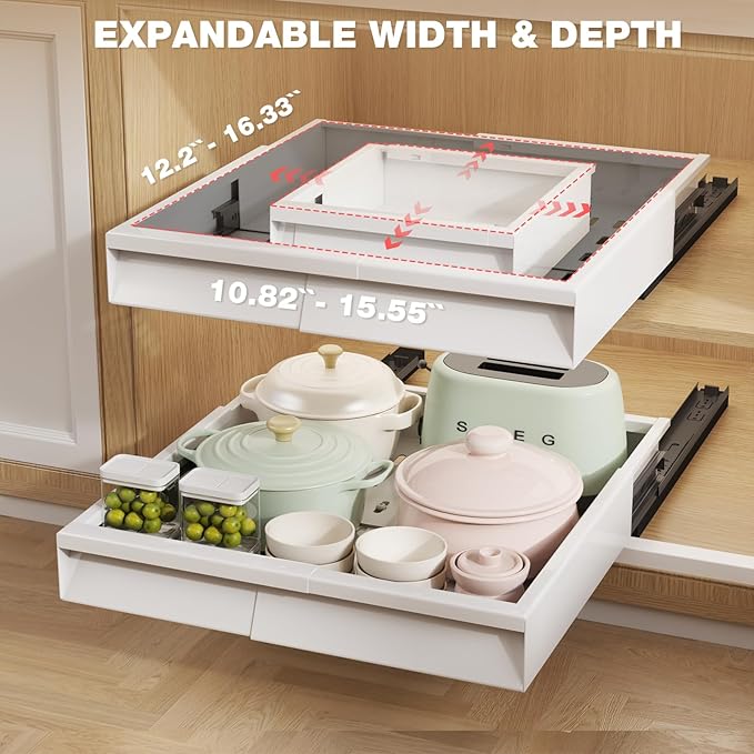 2 Pack Pull Out Cabinet Organizer With Raising Pad for Framed Cabinets,Expandable Width (11"-16") and Depth (13"-17"),3 Slide Rails Slide Out Drawers with Handle,No-Drill Roll Out Shelf,White