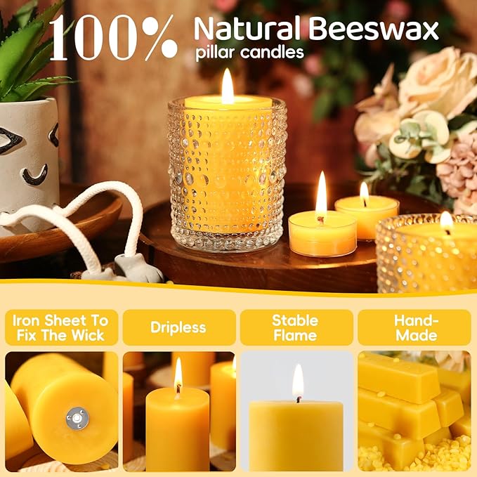 12 Pack Natural Beeswax Pillar Candles,100% Pure Beeswax Candles-384 Hours Long Burning,Unscented Bees Wax Candles for Home,Prayer,Emergency,Dripless Smokeless Organic Pillar Candles Bluk-2x3in