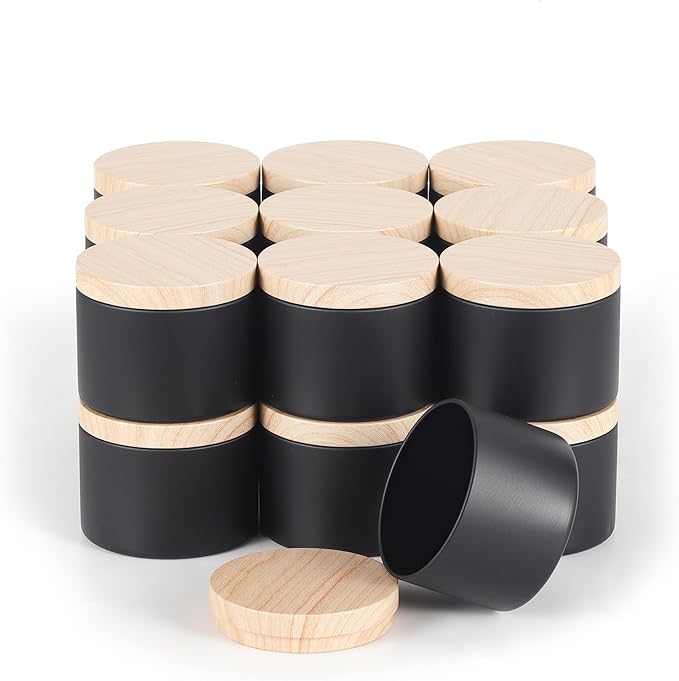 24 Pcs 8oz Candle Tins - Matte Black Bulk Empty Candle Jars with Wood Grain Lids, Candle Jars for Candle Making, Storage, and Gift (black-8oz)