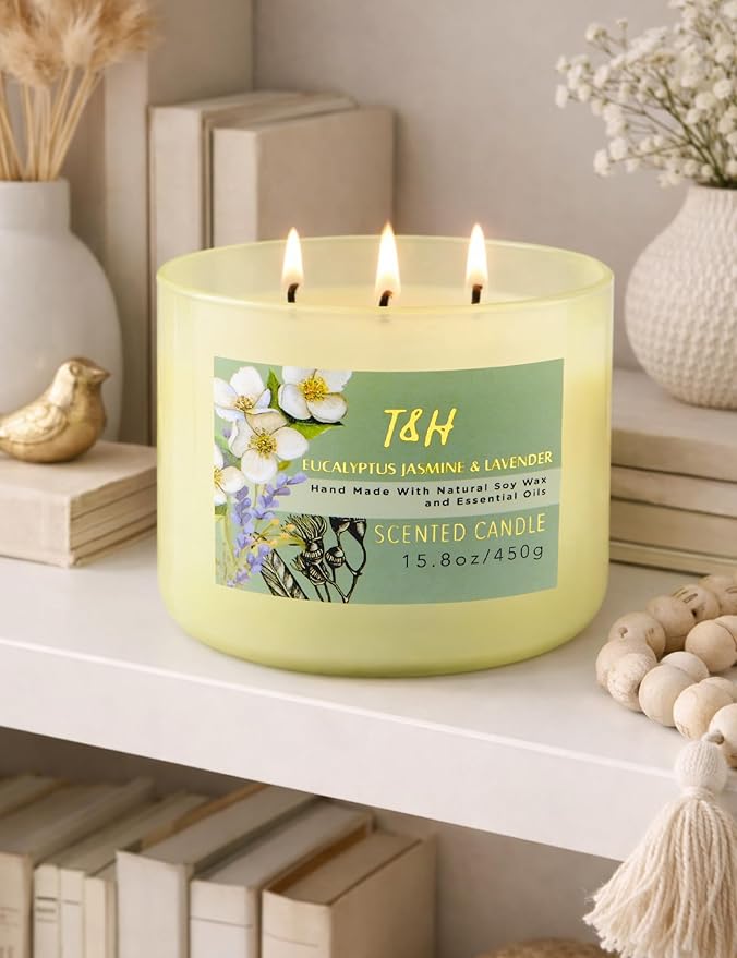 Eucalyptus Jasmine Lavender Scented Candle | 3 Wick Large Soy Candle for Home 15.8oz | Calming Aromatherapy Spa Candle | Strong Scent, Long Lasting, Clean Burn | Stress Relief Gift for Women & Men