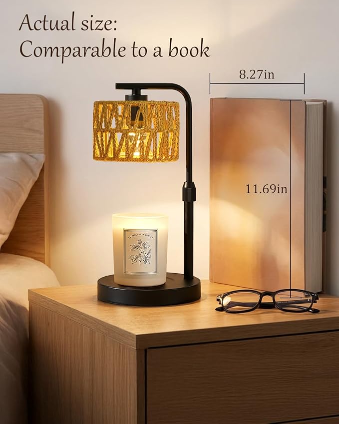 Candle Warmer Lamp, Timer Dimmable Candle Lamp, Adjustable Height and Brightness Candle Warmer, Boho Rattan Lampshade and 2 Bulbs, Suitable for Home Decor, Birthday Gifts for Women Mom (Black)