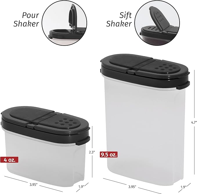 SIGNORA WARE Plastic Spice Containers – Spice Jar Set 8 Pack, 4 Mini, 4 Large – Spice Jars to Store Spices, Herbs, Marinade, Sugar, Salt, Pepper – Refillable Airtight Small Spice Jars with 2 Way Lids