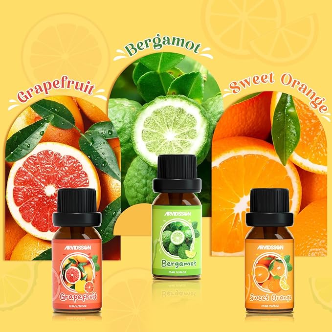 ARVIDSSON Citrus Essential Oils Set, Natural Fruit Essential Oil for Diffuser, Candle Making - Grapefruit, Bergamot, Sweet Orange, Lemon, Lime, Tangerine, Citrusy Scented Oils for Home