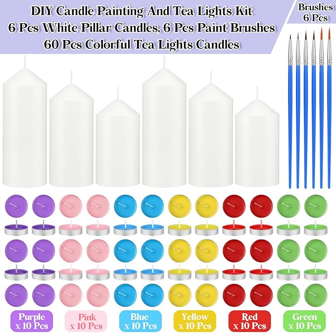 MTLEE 72 Pcs DIY Candle Painting Kit for Adults Include 6 Pcs White Pillar Candles 60 Colored Tealight Candles and 6 Paint Brushes for Spring Tea Party Crafts Wedding Birthday Party Favors