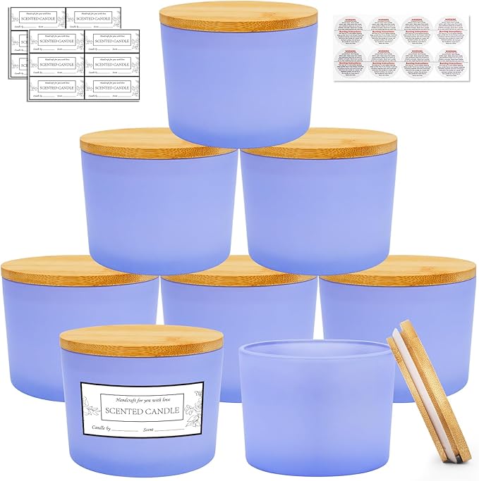 CONNOO 8 Pack 12 OZ Purple Glass Wide Mouth Candle Jars for Making Candles with Airtight Bamboo Lids Nice Sticky Warning Labels for Candle Making Empty Container Bulk - Dishwasher Safe