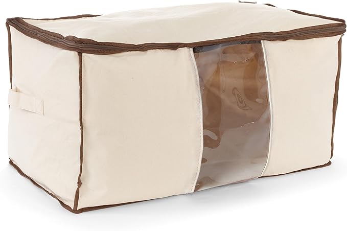 Covermates Canvas Storage Bag for Blankets, Clothes & Décor, 100% Cotton Breathable Fabric, Clear ID Window, Dual Zipper Closure, Carry Handles, Closet Organization, Natural