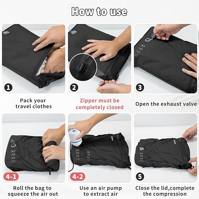 4 Set Vacuum Bags for Travel, Professional Reusable Organizer Bag with IPX8 Waterproof Zipper, Compression Bag for Suitcases, Durable Seal Space Saver Bags (Black,with pump)