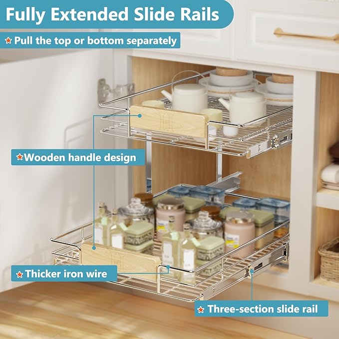 LOVMOR 2 Tier Pull Out Cabinet Organizer 13½" W x 21½" D, Slide Out Drawers with Wooden Handle, Sliding Shelves Organization and Storage for Kitchen, Pantry