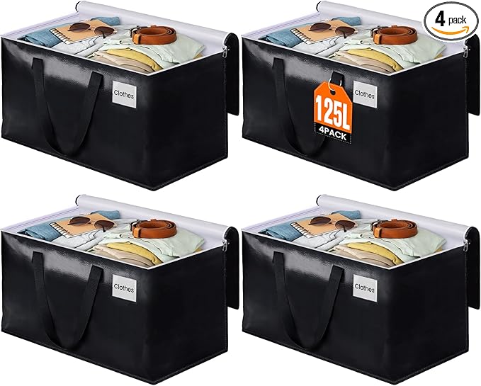 BlissTotes Moving Bags, Heavy Duty Moving Boxes with Zippers Top and Sturdy Handles, Storage Bags for Space Saving and Packing, Collapsible Moving Supplies, Storage Totes (125L, 4-Pack, Black)