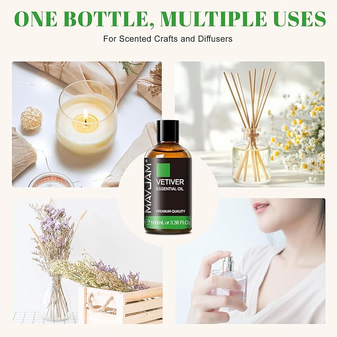 MAYJAM Premium Grade Vetiver Essential Oil - 100ML/3.38FL.OZ for Diffuser, Aromatherapy Oils for Candles, Soaps