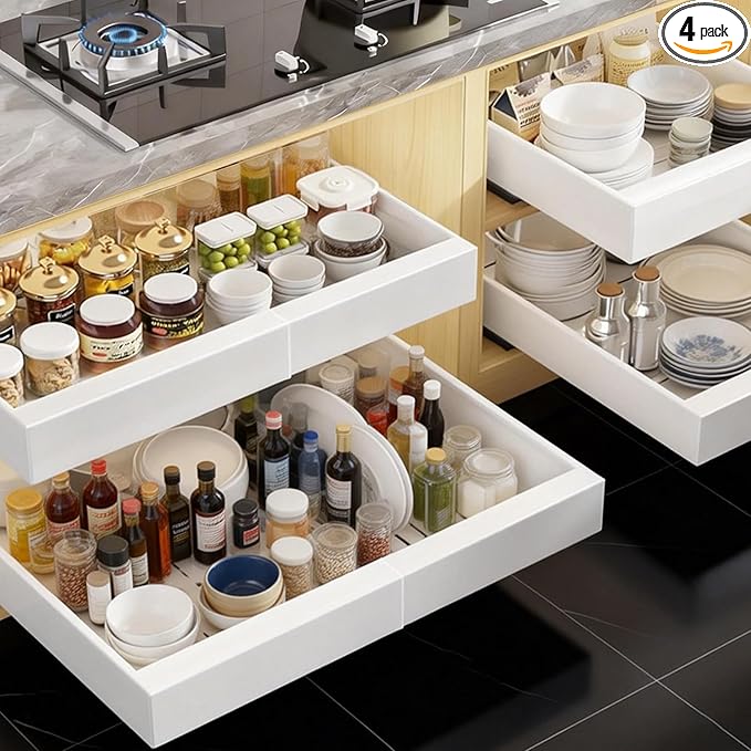 4-Pack Expandable Pull Out Cabinet Organizer 21" Deep with 3 Slide Rails, Adjustable Width (12"-22") Drawer Organizer for Kitchen Pantry Base Cabinets, Fixed with Roll Out Shelves Adhesive, White