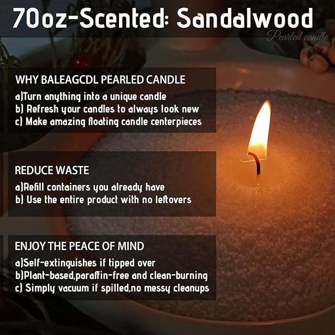 Zen Timber Pearled Candle 70 oz/4.3lb with 120 Wicks - Sandalwood Scented Sand Candles White Refillable Wax Lasts Up to 400 Hours Smooth and Clean Burning for Candle Making DIY Gifts