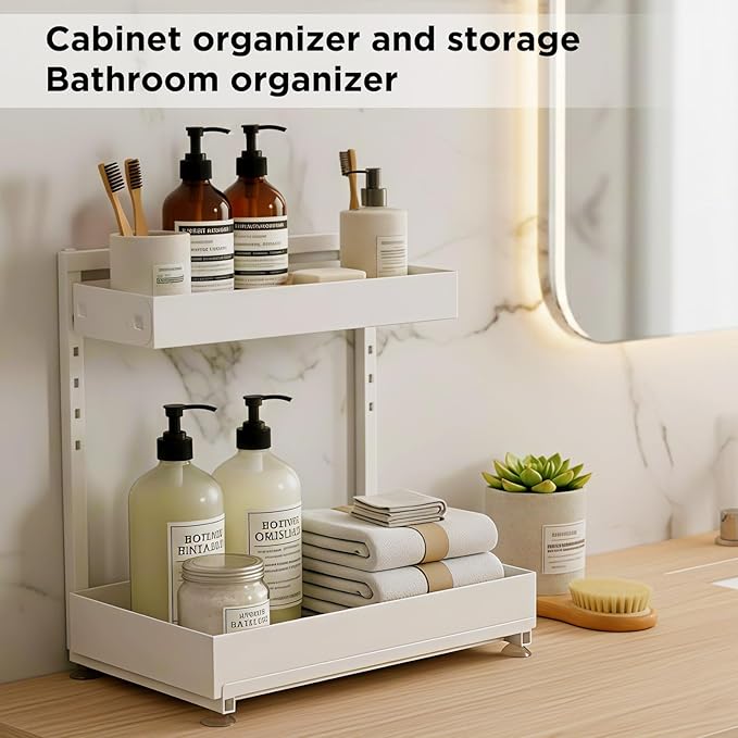 Under Sink Organizer Bathroom Kitchen: 2 Pack 2 Tier Metal Under Cabinet Storage with Height-adjustable Shelf and Pull out Rack for Pantry Vanity Cupboard Counter Countertop