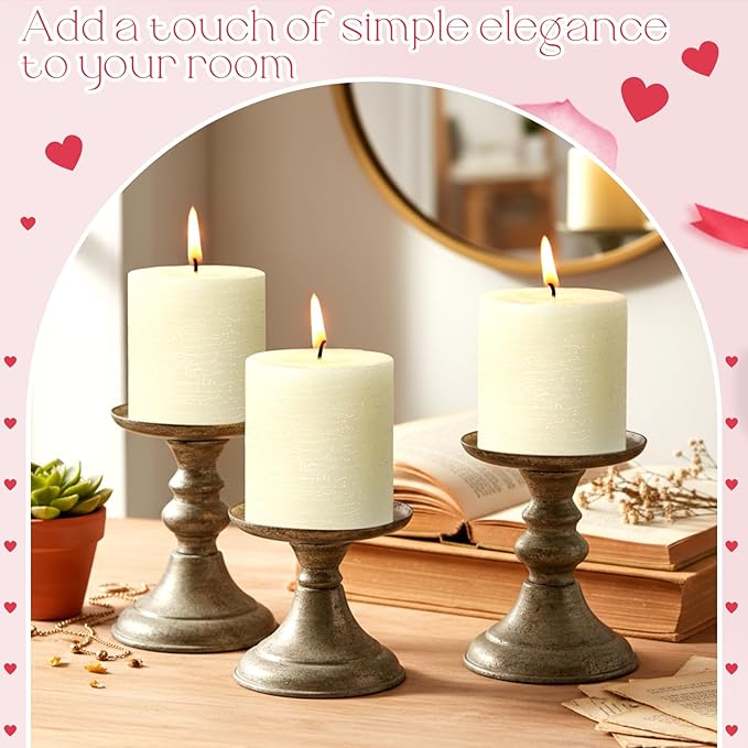 Sumind Valentine's Day Handmade 3x3 Inch Pillar Candles Set of 3, 24 Hour Long Burning Unscented Rustic No Drip Ivory Candles Hand Poured for Spring Home Decor, Weddings, Parties,Dinner,Church(White)